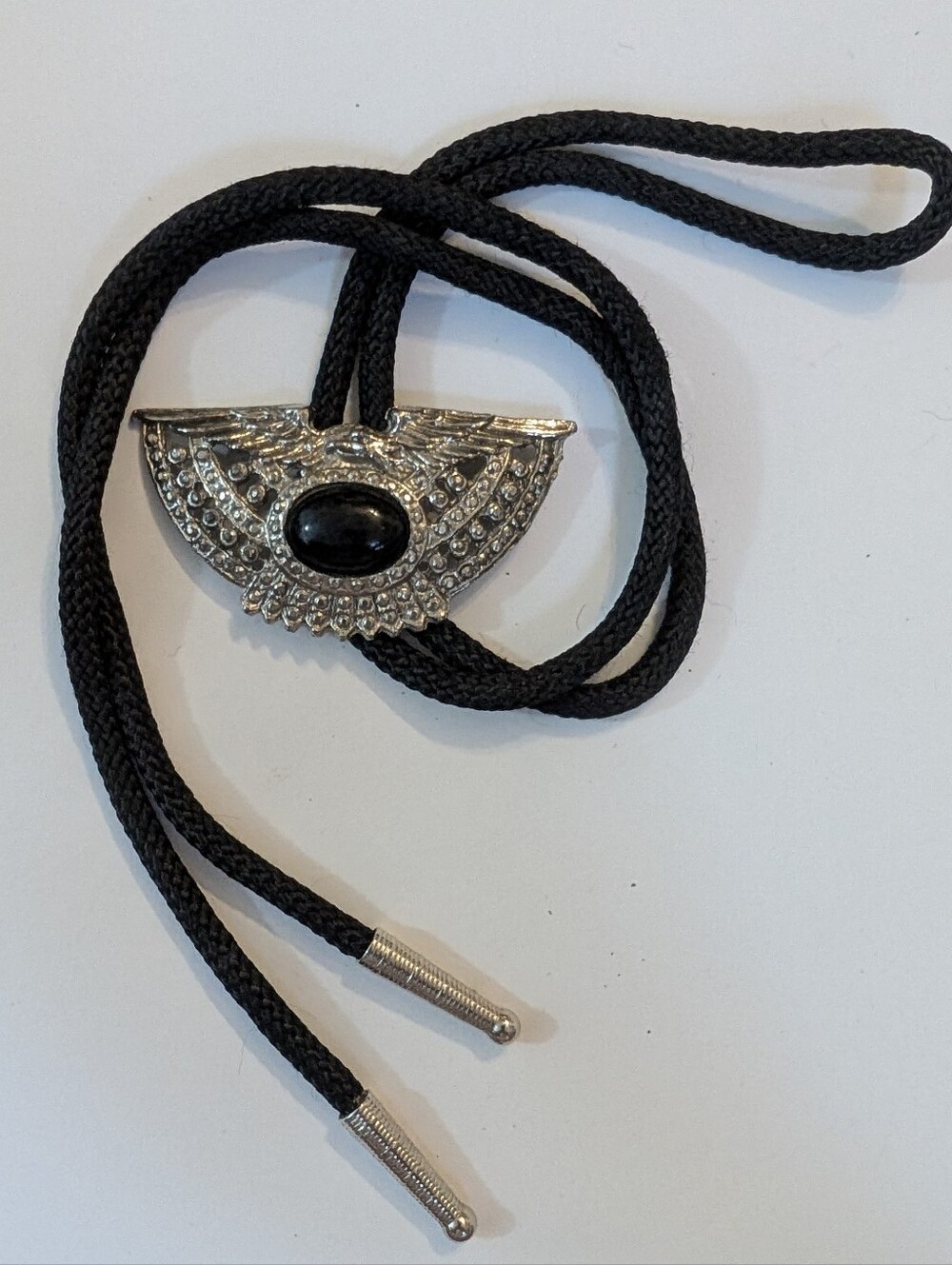 Western Thunderbird Bolo Tie with Silver-Tone Winged Slide and Black Stone